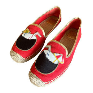 TORY BURCH Women's Size 9.5/40 Red Coco Samba Calf Hair Canvas Espadrille Flats